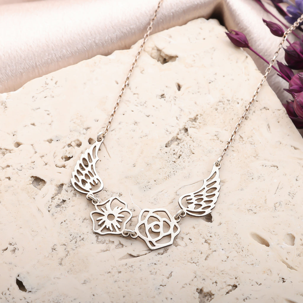 Birth Flower Angel Wings Necklace for Women | Personalized Floral Jewelry Gift - Dainty Gift Jewelry