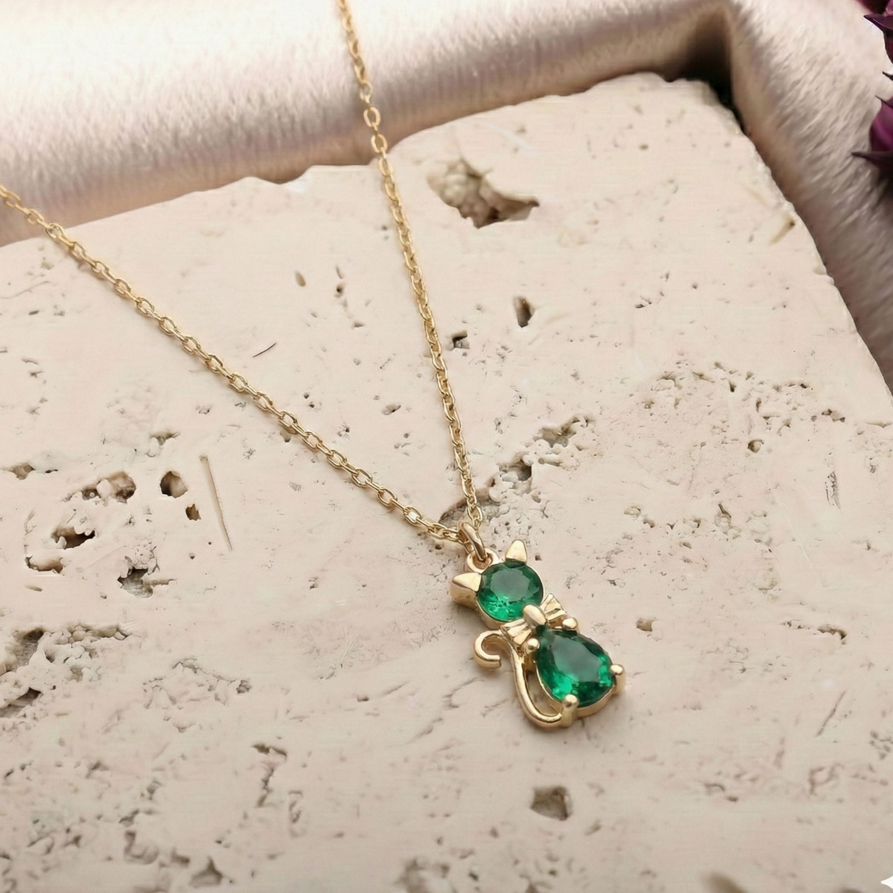 Personalized Birthstone Cat Necklace - Dainty Gift Jewelry