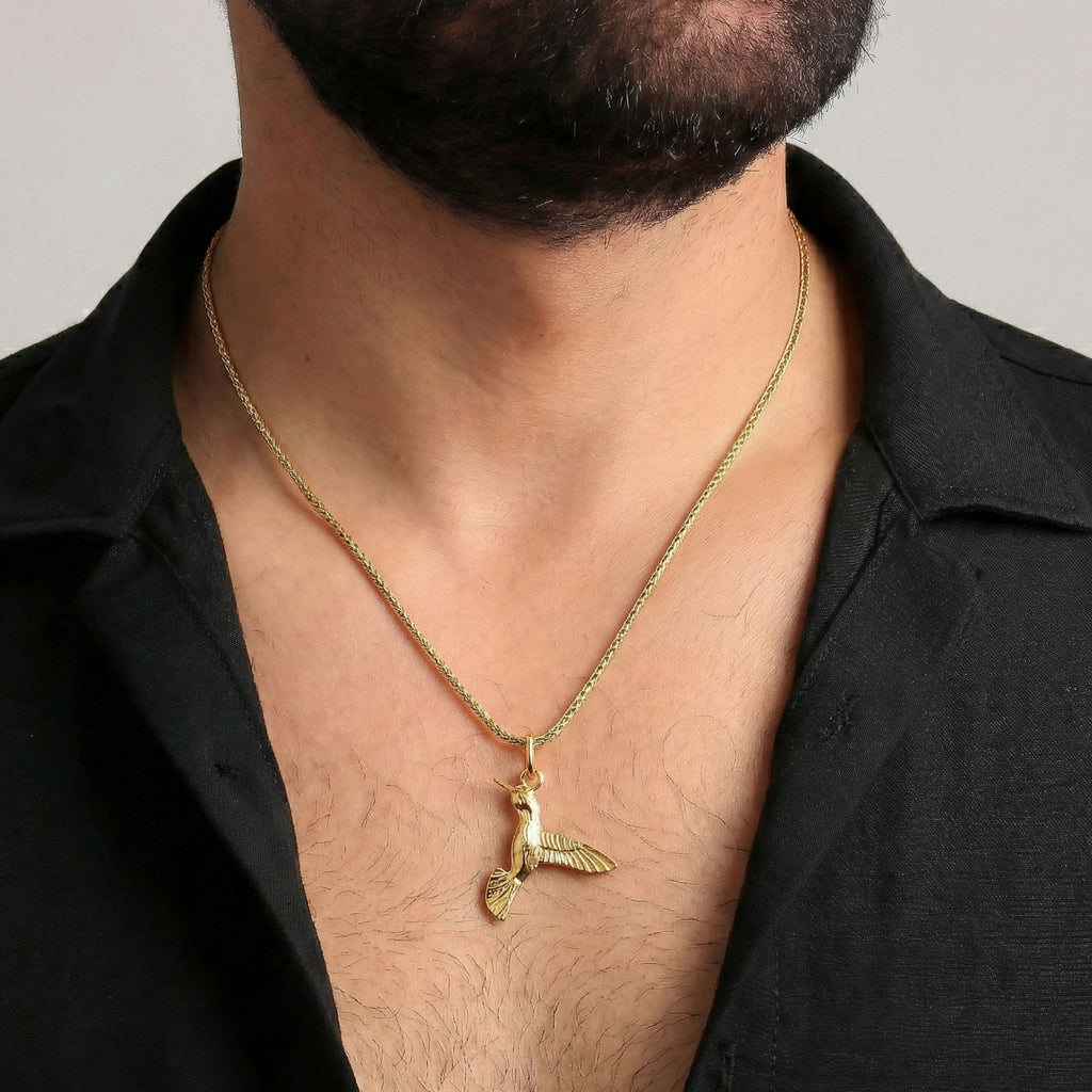 Hummingbird Pendant Necklace for Men | Gold Plated & Oxidized Silver Bird Charm - Dainty Gift Jewelry