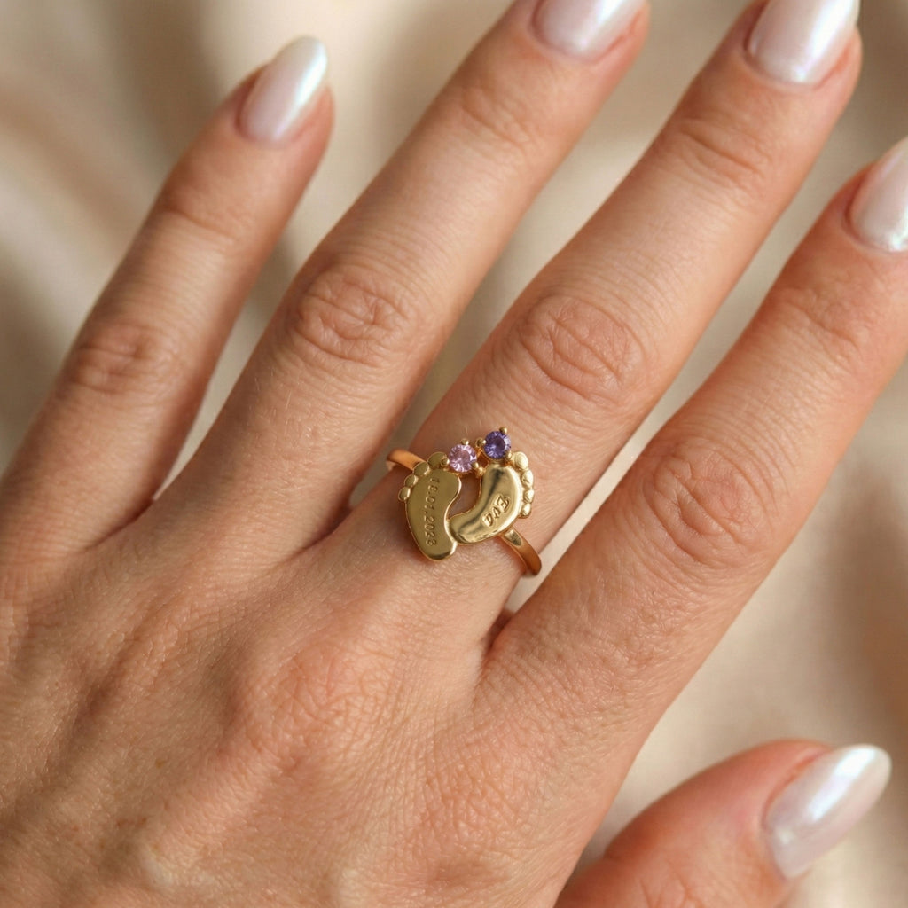 Personalized Baby Feet Birthstone Ring - Dainty Gift Jewelry