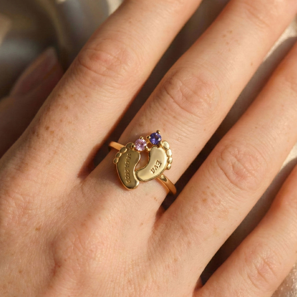 Personalized Baby Feet Birthstone Ring - Dainty Gift Jewelry