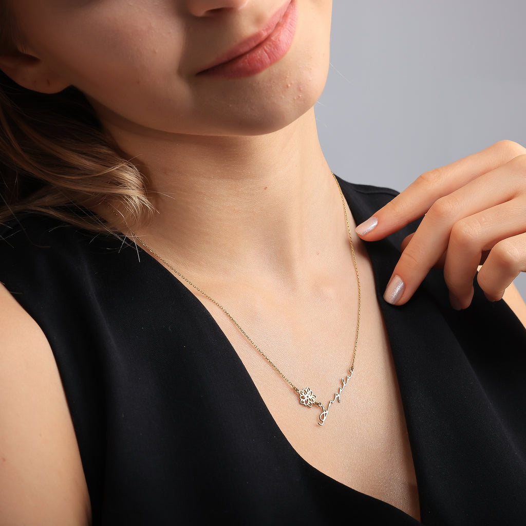 Personalized Birth Flower Name Necklace | Custom Floral Name Jewelry - Dainty Gift Jewelry