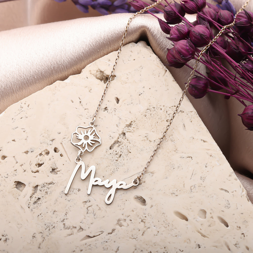 Personalized Birth Flower Name Necklace | Custom Floral Name Jewelry - Dainty Gift Jewelry