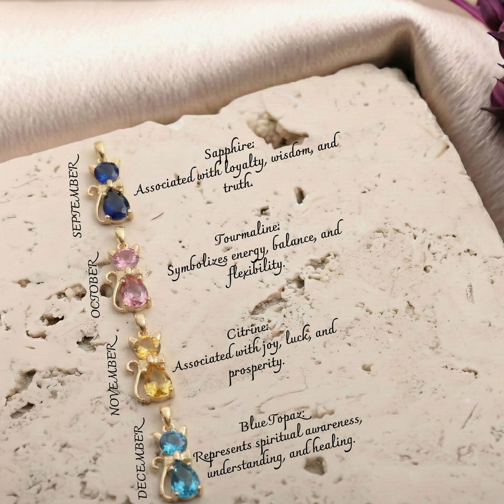 Personalized Birthstone Cat Necklace - Dainty Gift Jewelry