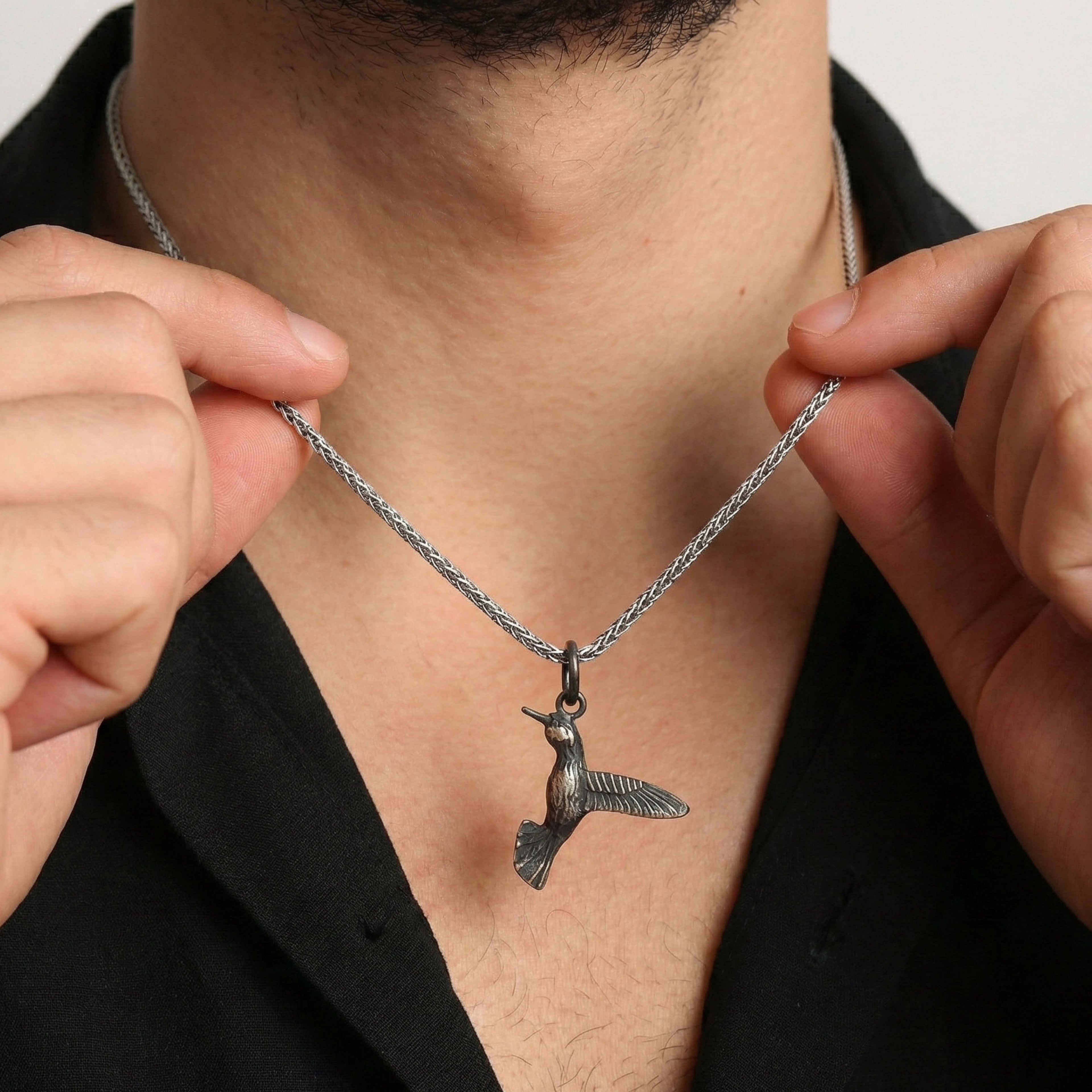 Hummingbird Pendant Necklace for Men | Gold Plated & Oxidized Silver Bird Charm - Dainty Gift Jewelry