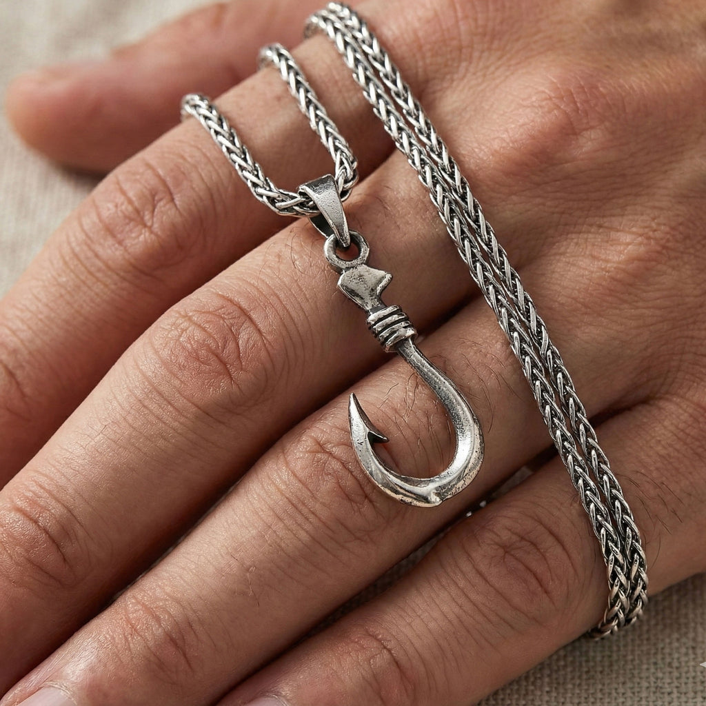 Fish Hook Necklace for Men | Silver Fishing Pendant - Dainty Gift Jewelry