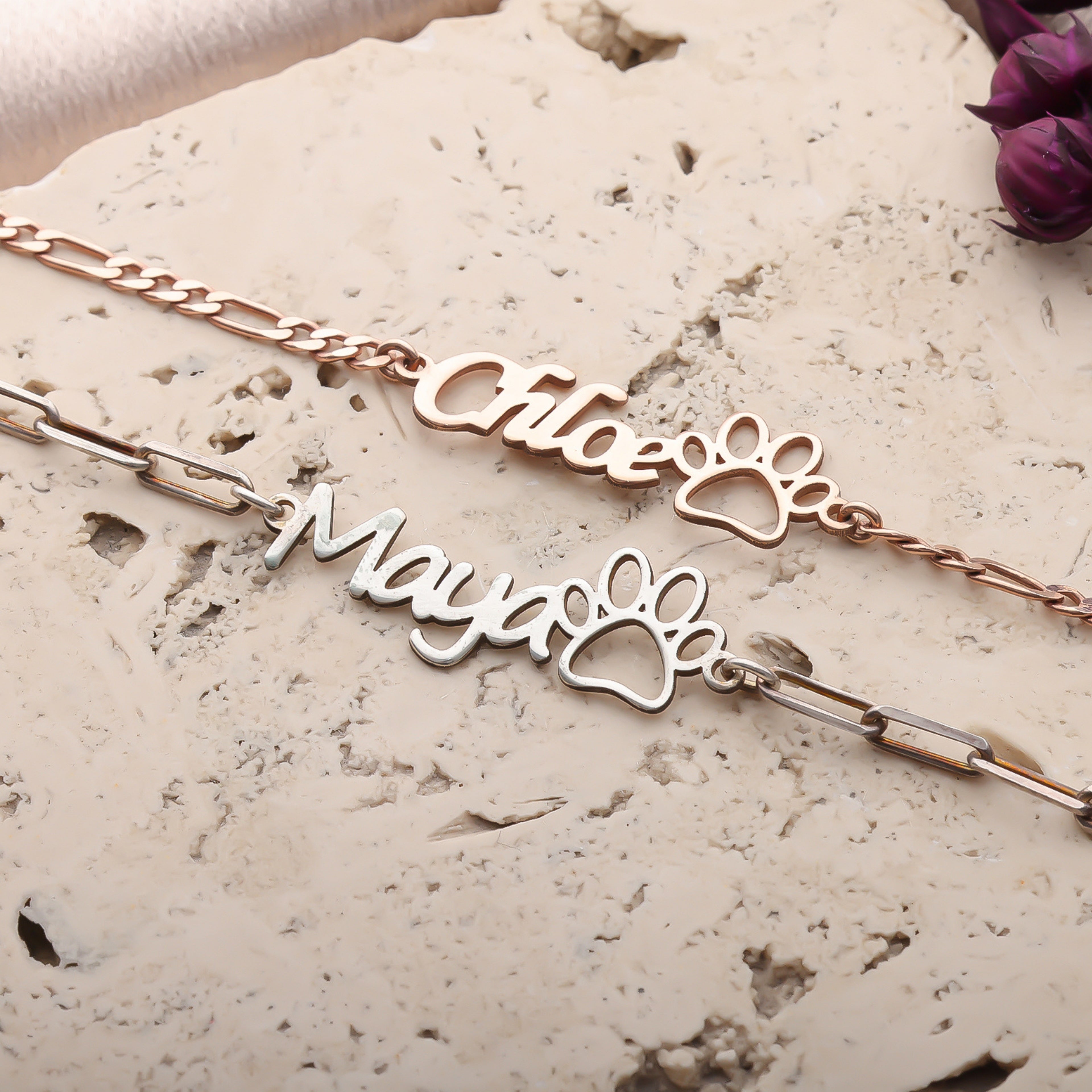 Personalized Paw Name Bracelet | Custom Pet Name Jewelry - Dainty Gift Jewelry