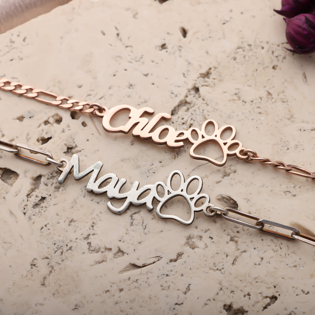 Personalized Paw Name Bracelet | Custom Pet Name Jewelry - Dainty Gift Jewelry