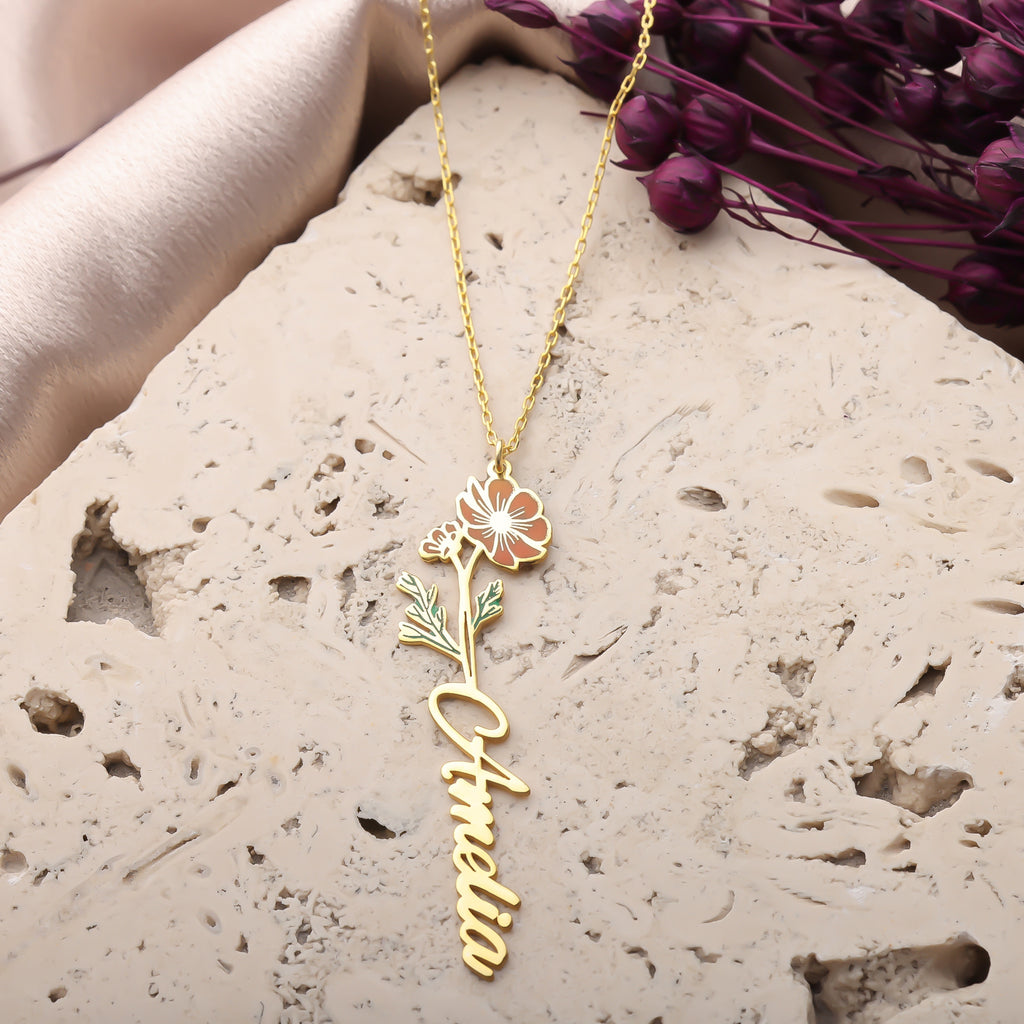 Birth Flower Name Necklace – Personalized Floral Jewelry - Dainty Gift Jewelry
