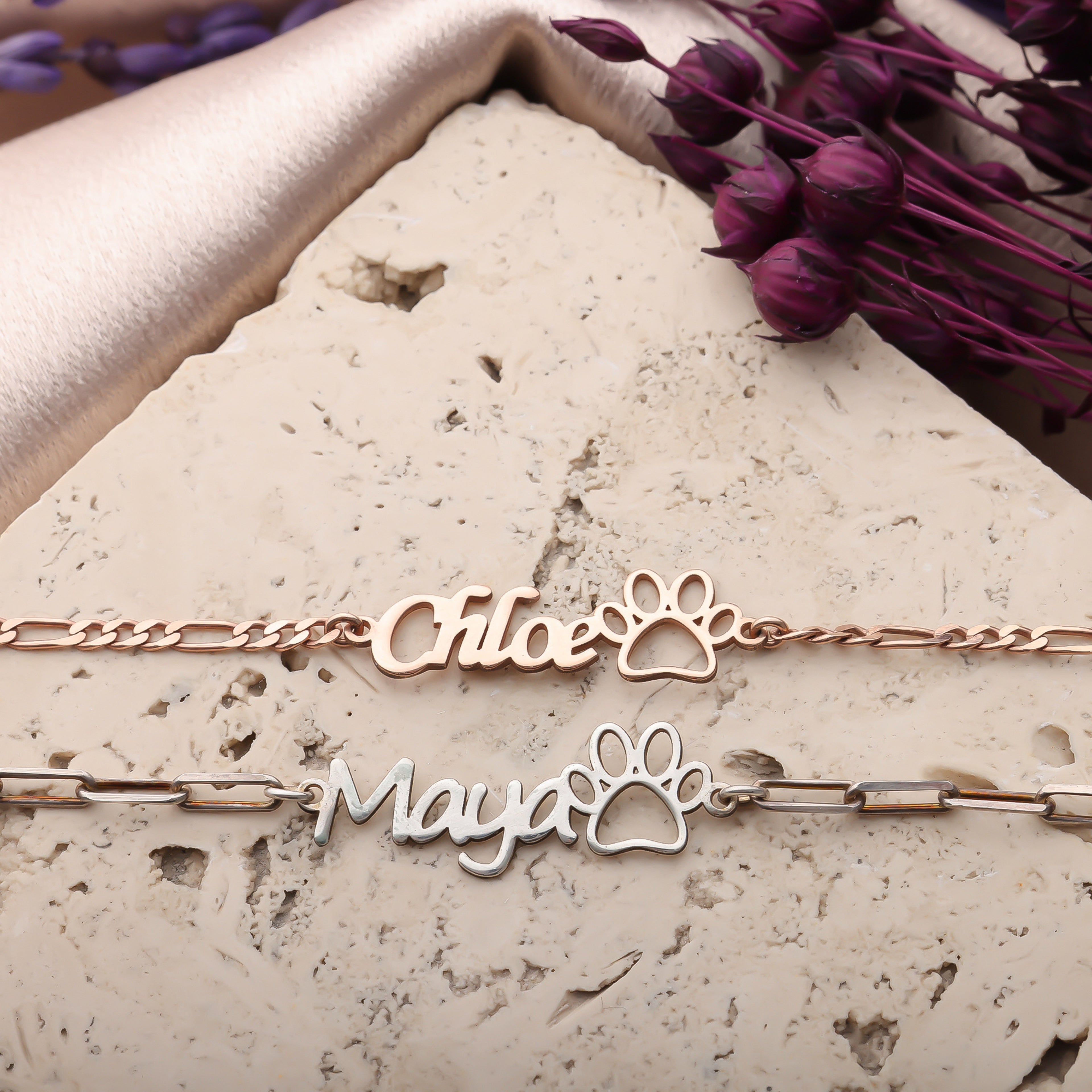 Personalized Paw Name Bracelet | Custom Pet Name Jewelry - Dainty Gift Jewelry