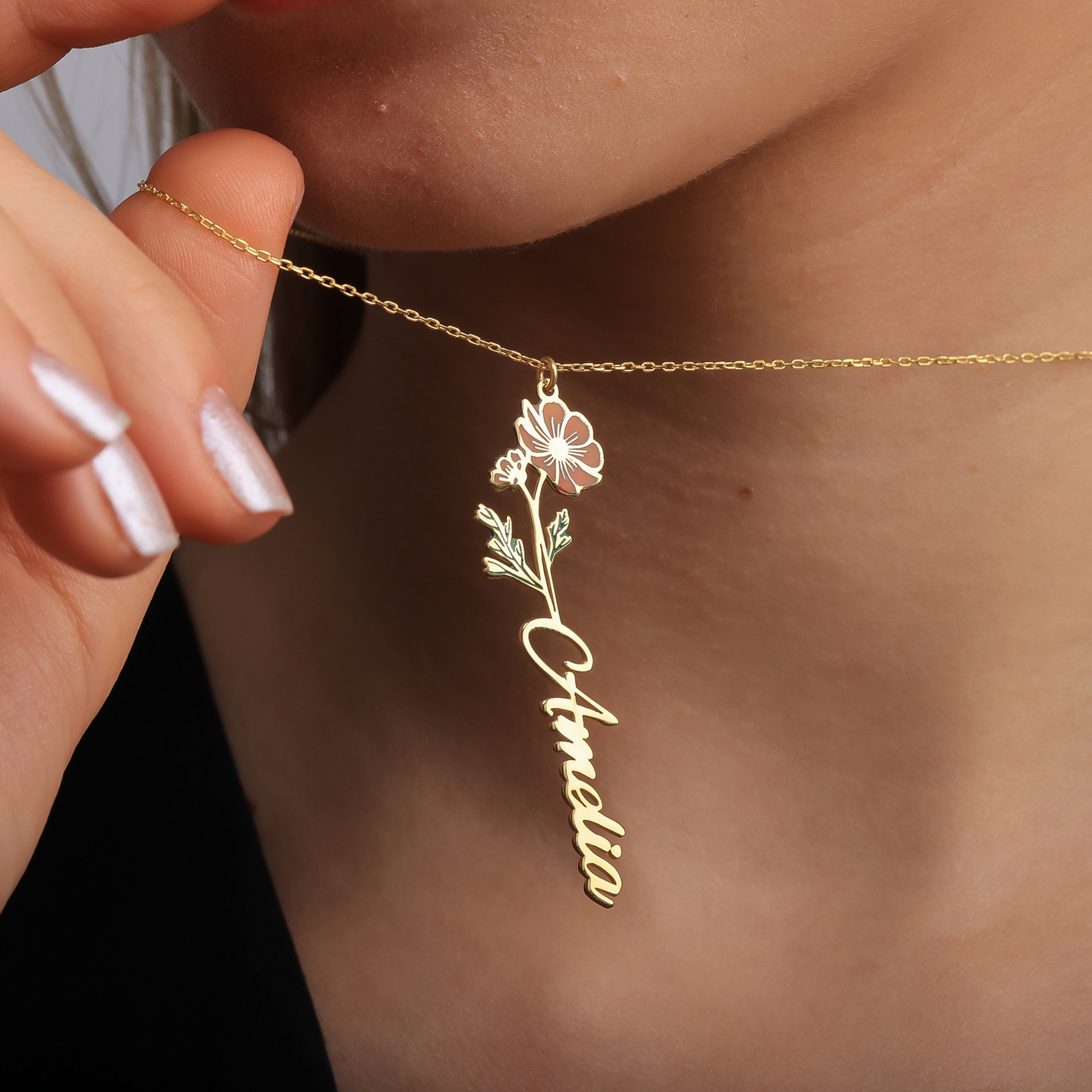 Birth Flower Name Necklace – Personalized Floral Jewelry - Dainty Gift Jewelry