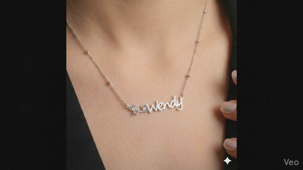 Personalized Birth Flower Name Necklace – Custom Floral Jewelry Gift for Her