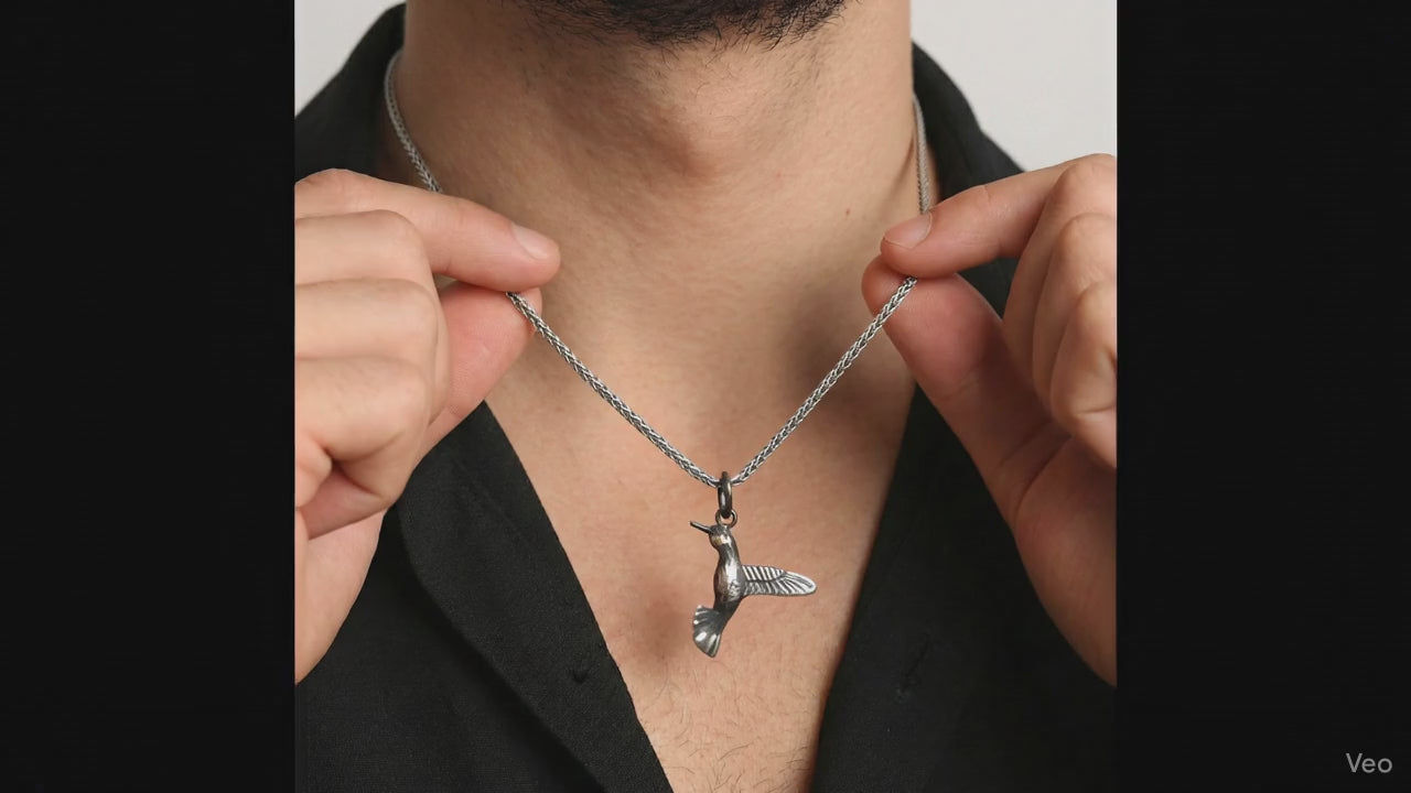 Hummingbird Pendant Necklace for Men | Gold Plated & Oxidized Silver Bird Charm